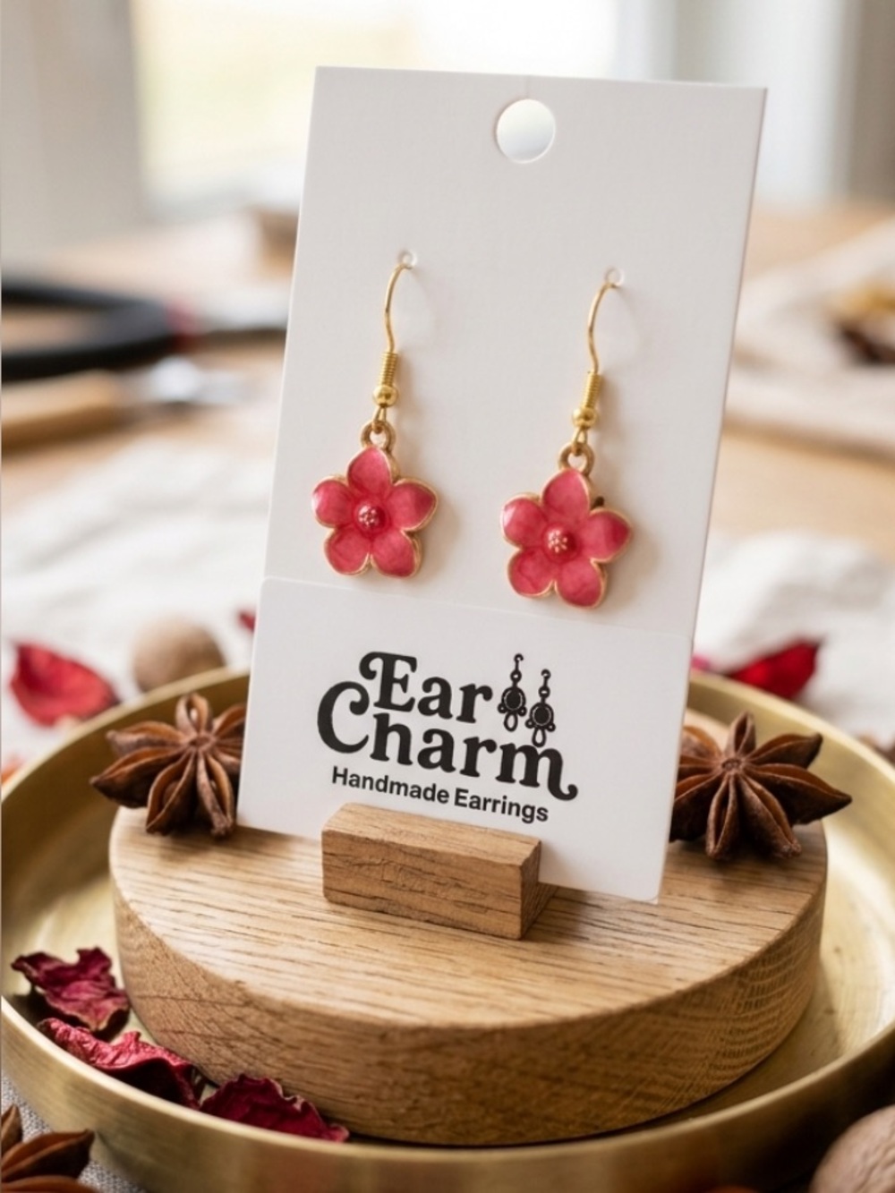 New Handmade Red Gold Flower Dangle Earrings